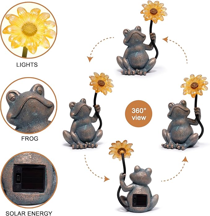 basen Solar Frog Statue with Glowing Sunflower Light, Outdoor Garden Frog Figurine Decor for Yard Lawn Patio, Resin Solar Animal Sculpture with LED Light for Garden Landscape Decoration