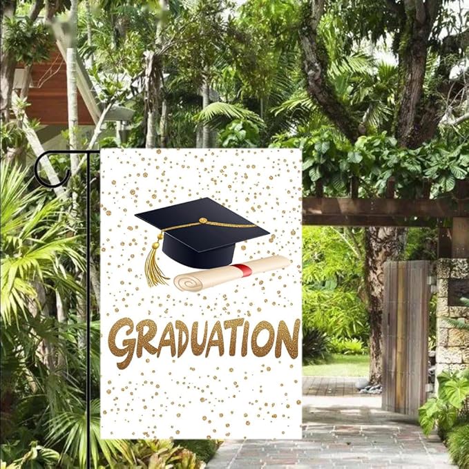 Gkyygk Graduation Welcome Garden Flag 12x18 Inch Double Sided Seasonal Yard Burlap Banners Outdoor Flag for Men Women