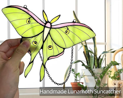 Luna Moth Stained Glass Window Hanging - Handmade Suncatcher Real Glass - Light Green Butterfly Light Catcher Elegant Gifts for Mother, Women, Grandma (Gifts-Box provided)