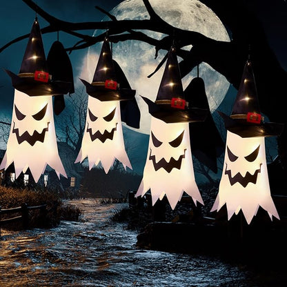 Halloween Decorations Outdoor Halloween Decor Hanging Outdoor Glowing Ghost Witch Hat Decorations Indoor Ornaments for Home Tree Garden Yard (4Pcs)