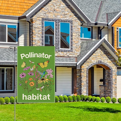 Perfectinsoy Pollinator Habitat Garden Flag, Pollinator Friendly Garden Sign, Eco-Friendly Welcome Yard Home Holiday Farmhouse Porch Patio Outdoor Decor, Flag Gifts for Native Plants Lovers Gardener