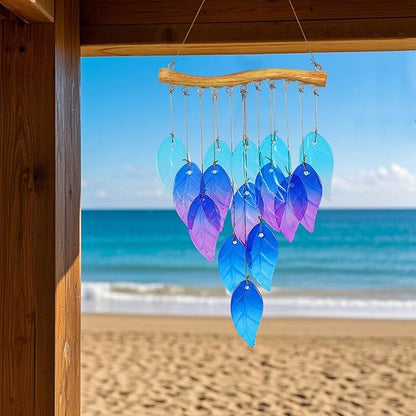 Glass Leaves Wind Chimes for Outdoor Memorial Decor - Unique Wind Chimes for Garden, Yard, Porch & Christmas, Durable Outside Christmas Decoration with Handcrafted Glass Design