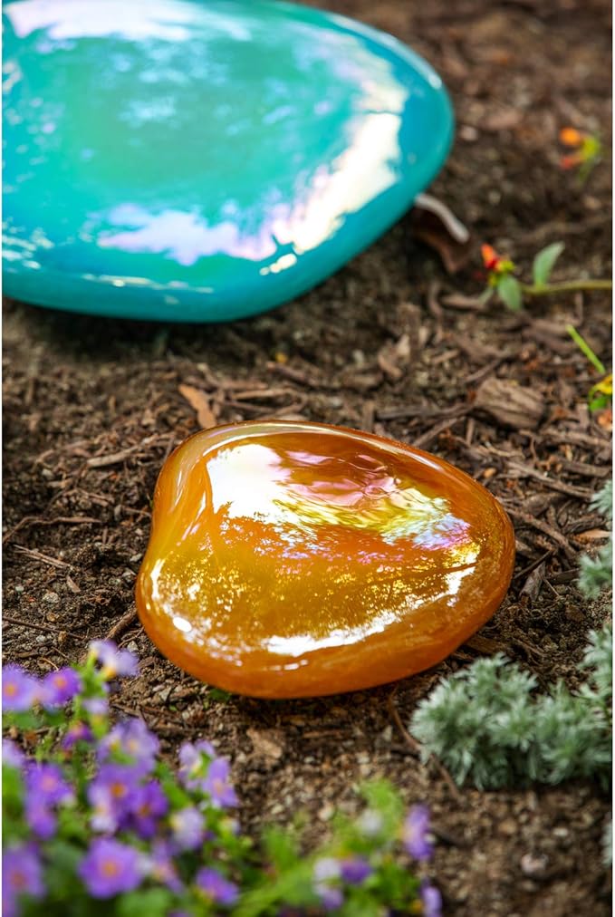 Evergreen Garden Beautiful Summer Amber Art Glass Garden Decorative Stone - 8 x 7 x 3 Inches Fade and Weather Resistant Outdoor Decoration for Homes, Yards and Gardens