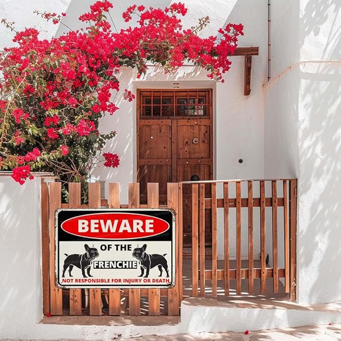 Beware Of The Dog Frenchie Sign Aluminum Metal Tin Signs Outdoor Yard Sign Warning Sign For Fence Yard Home Kitchen Farm Garden Wall Decor 8x12 Inch