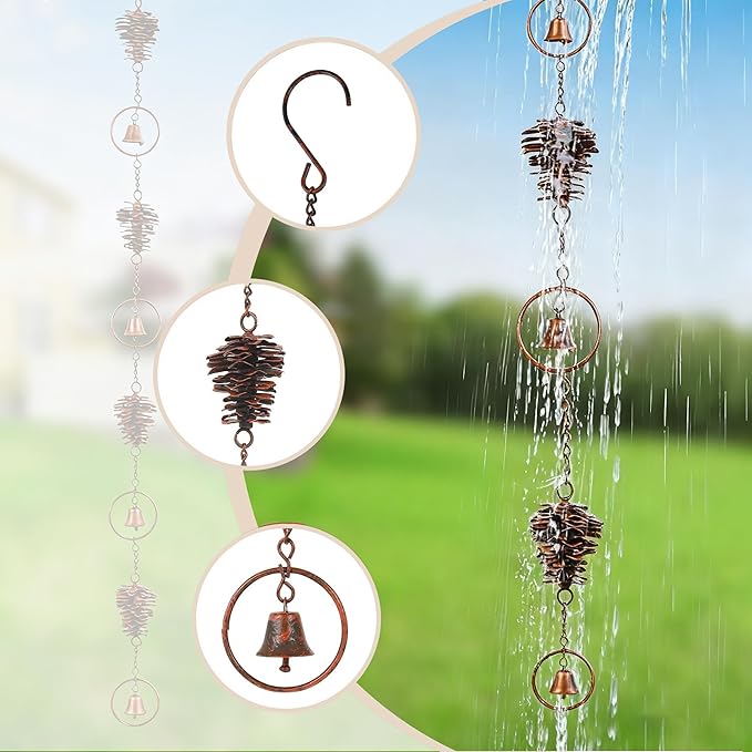 Rain Chain Home Decor, Outdoor 3.54 FT Rain Catcher Chain for Gutter Downspouts Divert for Roof Porch Lawn Gazebos Garden Drainage Eaves Decor (Pinecone) (Pinecone)