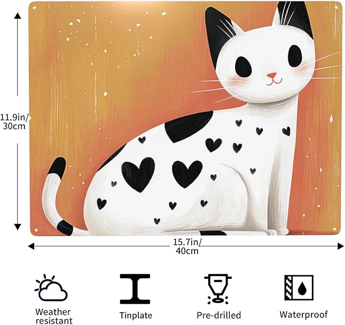 White cat with black heart shaped spots Tin sign,Metal Signs art wall Decor,Exquisite artistic plaque poster,for living room,cafe,Yard,Patio,Bedroom,gifts for Pet Lovers,12x16 Inch