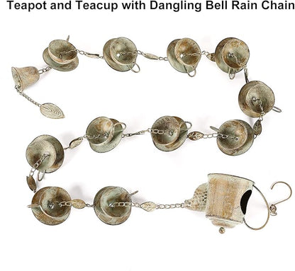 Jemeni Teapot & Teacups Rain Chain, 12 Ft Decorative Downspout Alternative, Rustic Metal Rain Water Feature with Artificially Aged Patina Finish, with Bell & 15 Hanging Cups