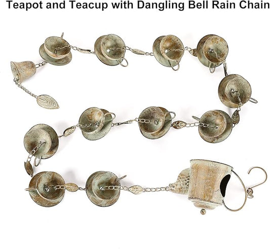 Jemeni Teapot & Teacups Rain Chain, 12 Ft Decorative Downspout Alternative, Rustic Metal Rain Water Feature with Artificially Aged Patina Finish, with Bell & 15 Hanging Cups
