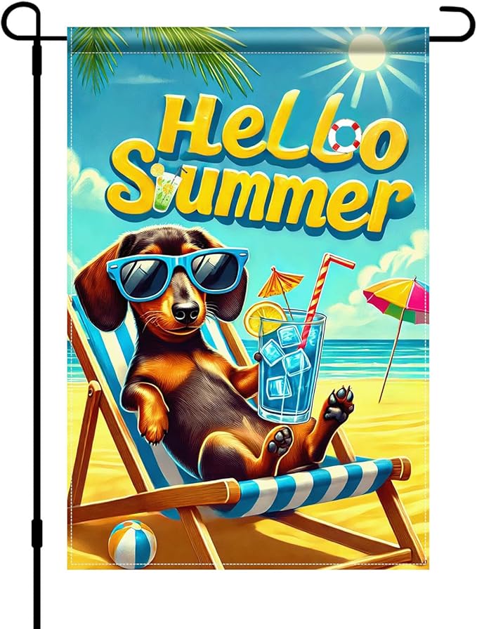 HOMETITUTE Hello Summer Garden Flag Dachshund Dog Flag 12x18 Inch Double Sided Summer Dachshund Garden Flag Sea Beach Seasonal Yard Flag for Outside Decoration Small Seasonal Decor for Farmhouse Holiday