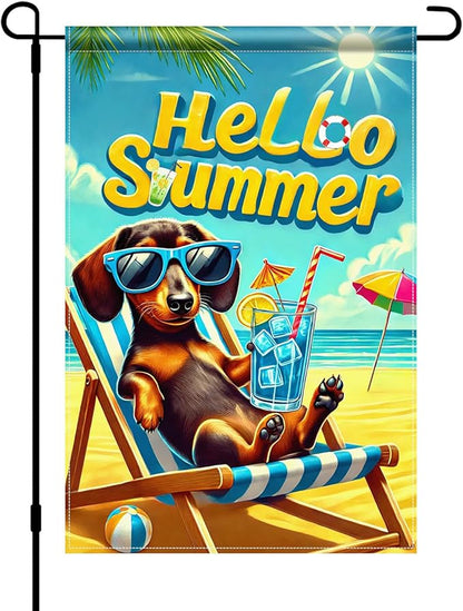 HOMETITUTE Hello Summer Garden Flag Dachshund Dog Flag 12x18 Inch Double Sided Summer Dachshund Garden Flag Sea Beach Seasonal Yard Flag for Outside Decoration Small Seasonal Decor for Farmhouse Holiday