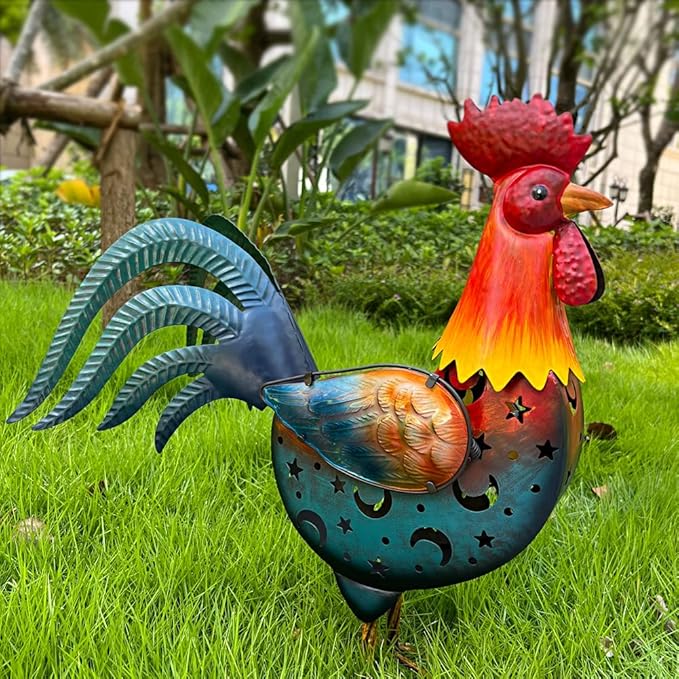 HONGLAND Metal Rooster Yard Decor,18" Solar Chicken Garden Statues Outdoor,Farm Animals Lawn Decorative Ornaments Outside for Home Patio Backyard Landscape