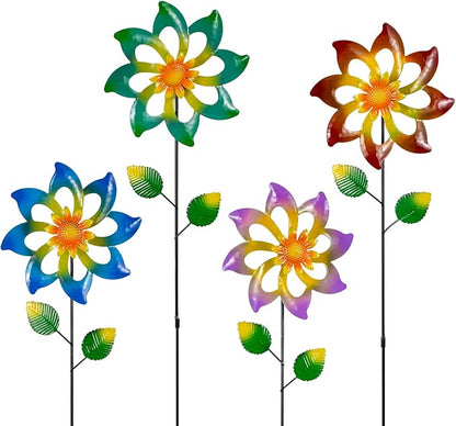 4 Pack Wind Spinners Outdoor, Colorful Metal Flower Windmill, Small Pinwheels Decorative Garden Stakes for Yard Patio Lawn Garden Decor, 27 x 7 Inches