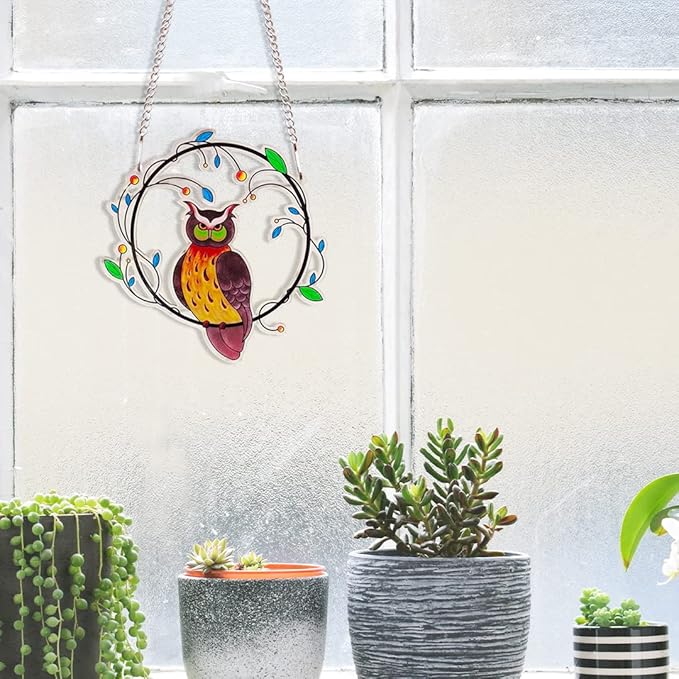 Zayookey Painted Owls Window Hanging Decor Stained Acrylic Bird Suncatcher Panel with Metal Chain for Wall Home Garden Ornament Gift