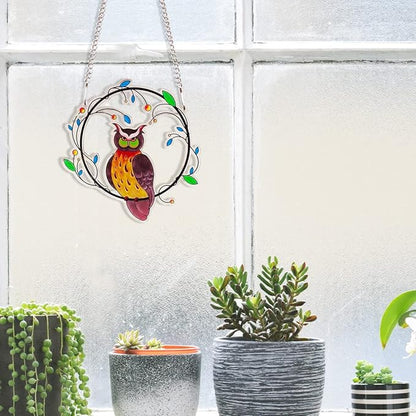 Zayookey Painted Owls Window Hanging Decor Stained Acrylic Bird Suncatcher Panel with Metal Chain for Wall Home Garden Ornament Gift