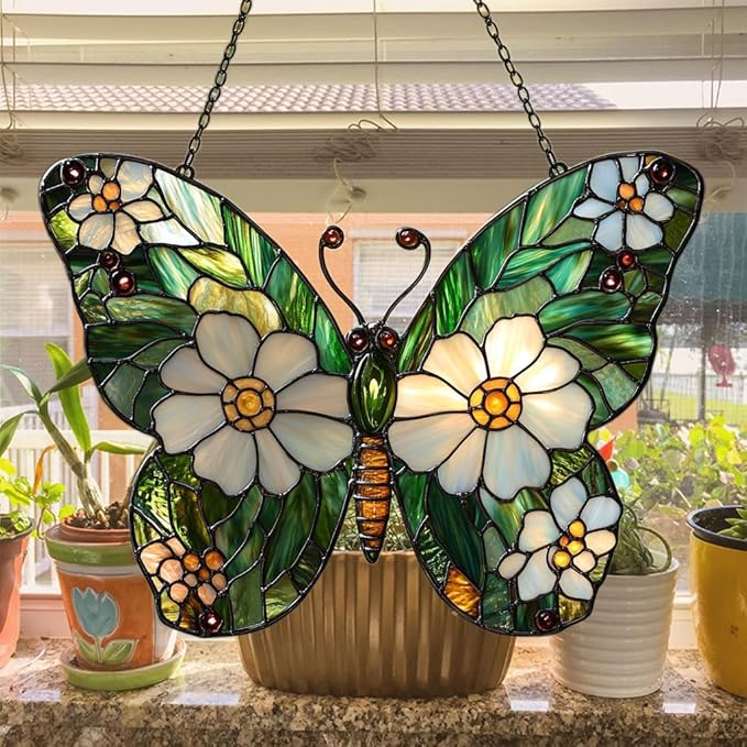Daisy Fresh Butterfly Acrylic Suncatcher Stained Glass Effect Window Car Hanging Christmas Ornament Indoor Outdoor Decor Garden Sun Catcher Panel for Butterfly Lover for Women Mom Grandma