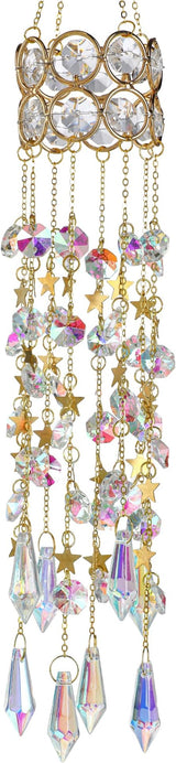 H&D HYALINE & DORA 15.5 Inch Crystal Suncatcher Hanging Window Sun Catcher with Colorful Beads Chain Gold-Plated Rainbow Maker for Indoor Outdoor Garden Christmas Decoration
