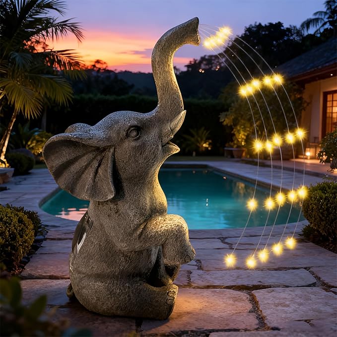Solar Garden Decor Elephant Statue with LED String Lights, Waterproof Outdoor Decorative Elephant Figurine, Gardening Gifts for Women Mom Grandma, Unique Yard Art for Patio, Balcony, Lawn