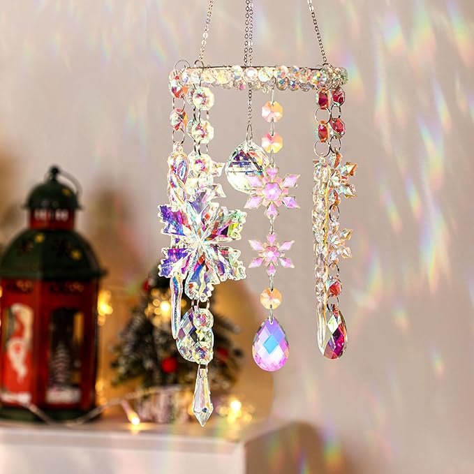 Suncalla 3 Pcs Winter Snowflake Suncatchers Winter Crystal Sun Catchers Snow Flake Hanging Suncatcher Wind Chime with Chain Rainbow Indoor Outdoor Window Christmas Decor