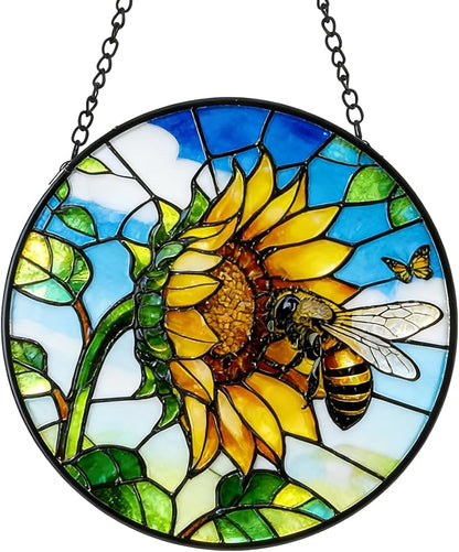 Stained Glass Window Hanging - Sunflower Flower and Bees on a Branch Suncatcher for Window Doors Home Decoration and Christmas, 6.3x6.3 inch