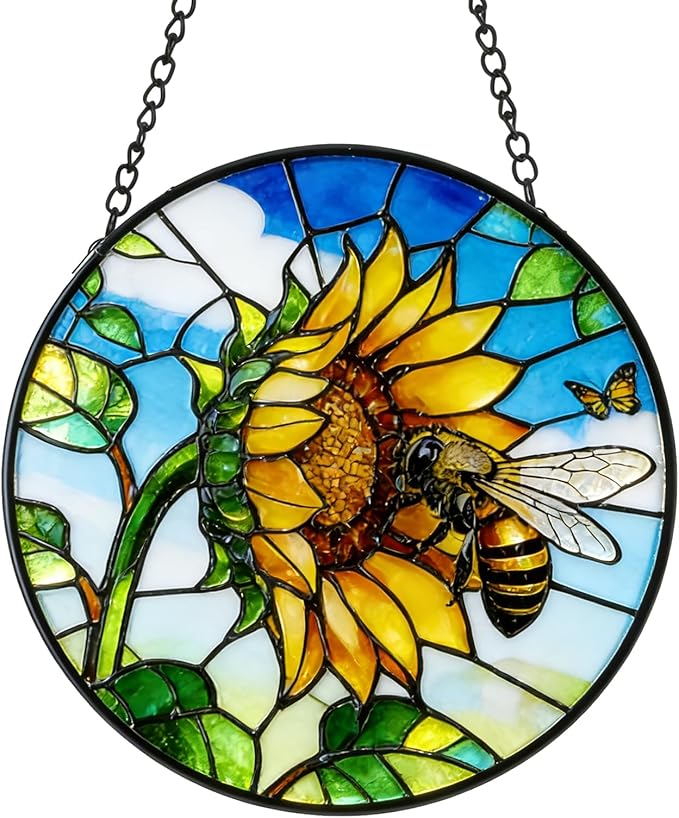 Stained Glass Window Hanging - Sunflower Flower and Bees on a Branch Suncatcher for Window Doors Home Decoration and Christmas, 9.8 * 9.8 inch