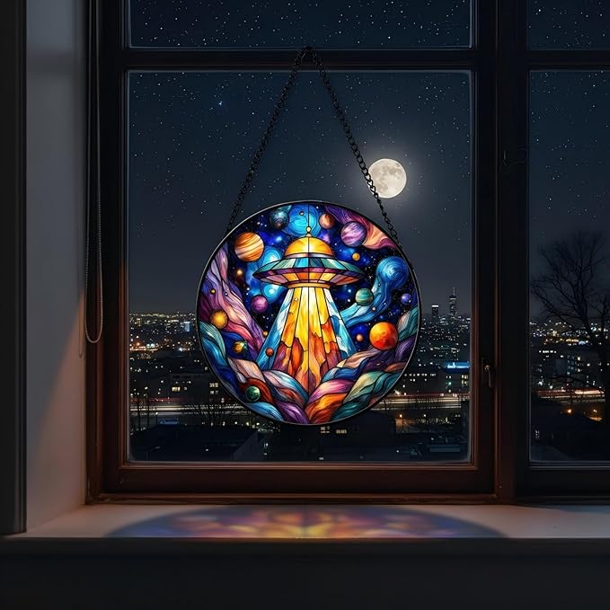 UFO Stained Glass Suncather for Window Hanging, 7.9'' Cosmic Alien Spaceship Ornament Gift for Women, Galaxy Wall Art Home Decor Gift for Sci-Fi Lovers & Dreamer (Blue Galaxy, 7.9'')