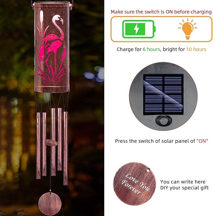 FSVGYY Solar Wind Chimes Hanging Lights Outdoor Metal Wind Chimes Memorial Wind Chime for Garden/Patio Decor Gifts for Women, Grandma, Mom (30" Metal Chimes/Flamingo)