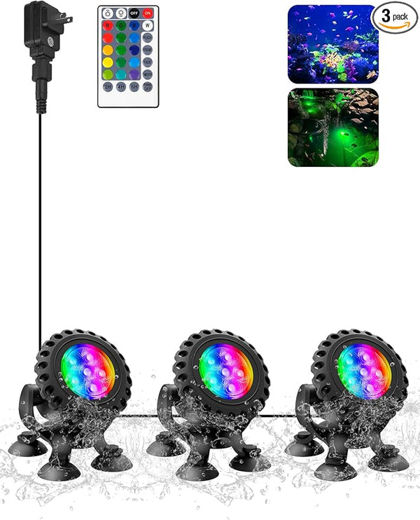 T-SUN Colored Pond Lights with Timer, LED Underwater Pond Light Submersible Fountain Lights for Fish Tank Landscape Spotlight - Remote Control, IP68 Waterproof, Aquarium, Waterfall, Yard (3 Heads)