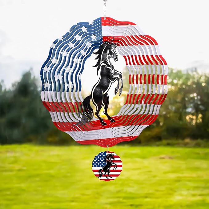 Horse Wind Spinners Outdoor - Horse Gifts for Men Women, American Flag Wind Chime for Outside, Hanging Metal Wind Sculptures for Garden Indoor Patio Lawn Yard, Veterans Day