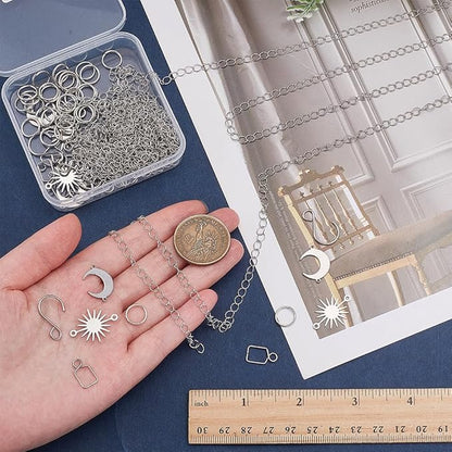 1 Box 10 Sets DIY Suncatcher Kits 5M/196.8In Silver Suncatcher Chains and Hooks Sun Moon Charms Crystal Ball Suspension Chain Kits for Window Prism Home Wedding Xmas Tree Hanging Decoration
