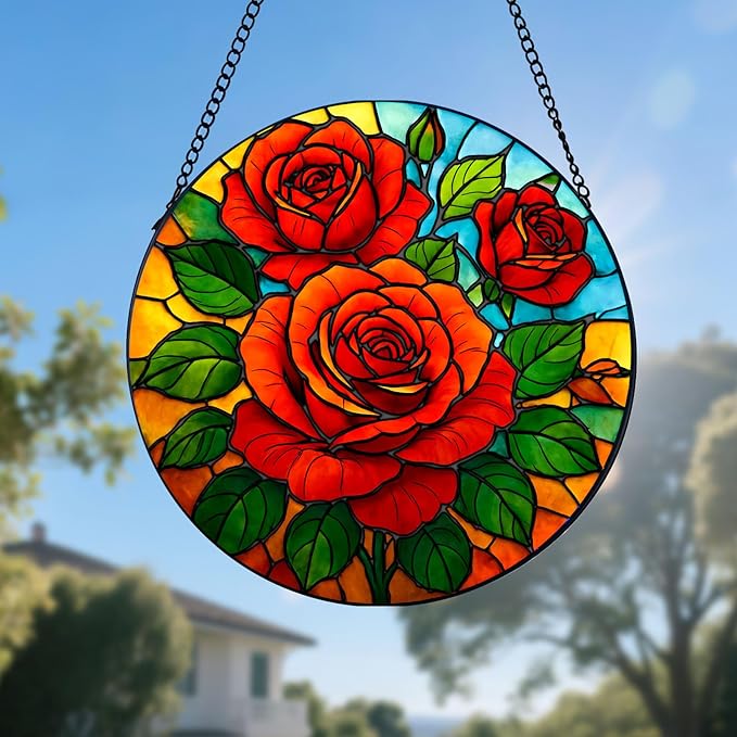 Rose Stained Glass Window Hanging, Rose Suncatcher for Indoor Window, Gift for Women, Wife, Couple (7.8Inch)