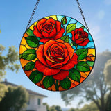 Rose Stained Glass Window Hanging, Rose Suncatcher for Indoor Window, Gift for Women, Wife, Couple (7.8Inch)