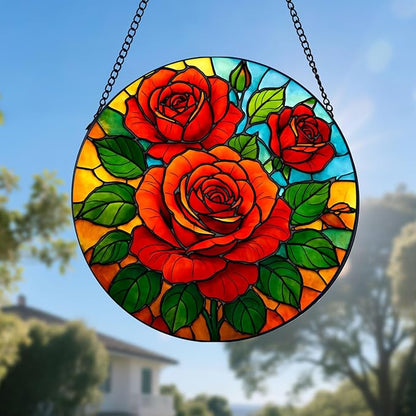 Rose Stained Glass Window Hanging, Rose Suncatcher for Indoor Window, Gift for Women, Wife, Couple (7.8Inch)