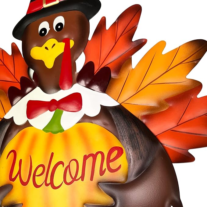 Fall Harvest Thanksgiving Metal Pumpkin Welcome Sign with Turkey Stakes Yard Decorations 28.5''H, Set of 2