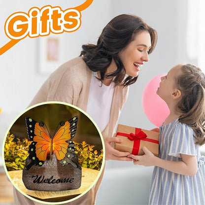 Garden Butterfly Statue Outdoor, Butterfly Figurine with Solar Powered LED Light, Waterproof Lawn Ornaments Statuary Decoration, Welcome Animal Outdoor Decor Light for Patio Balcony Yard (Black)