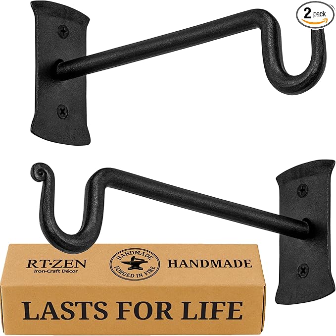 RTZEN Plant Hangers Outdoor or Indoor - Wrought Iron Metal Hanger Indoor Hook - Heavy Duty Wall Bracket Hooks for Hanging Plants Baskets Lanterns Wind Chimes - 2 Pack (Black Shepherds Hooks 7.5")