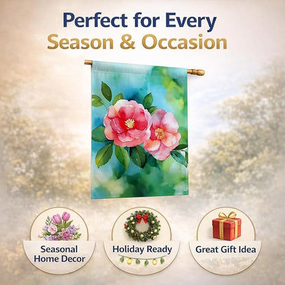 Caroline's Treasures Alabama Camellia in Watercolor House Flag Large Porch Sleeve Pole Decorative Outside Yard Banner Artwork Wall Hanging, Polyester, House Size, Multicolor