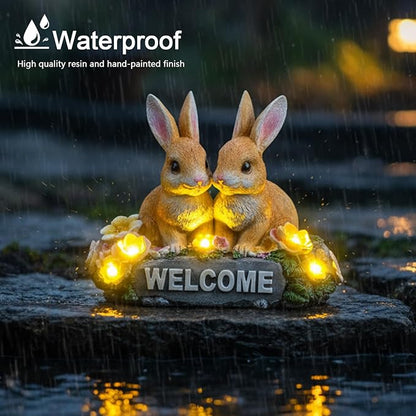 Solar Rabbit Garden Statue 5.9" Resin Bunny Statue with Welcome Sign Rabbit Figurines Light Decorations for Patio Yard Lawn Ornaments Easter Housewarming Birthday Gifts for Women Mom Grandma Wife
