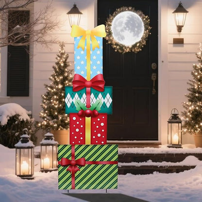WONDER GARDEN Christmas Yard Signs, Metal Gift Boxes Yard Stakes Christmas Outdoor Decorations Freely Mix and Match for Xmas Holiday Outdoor Garden Lawn Pathway Decor