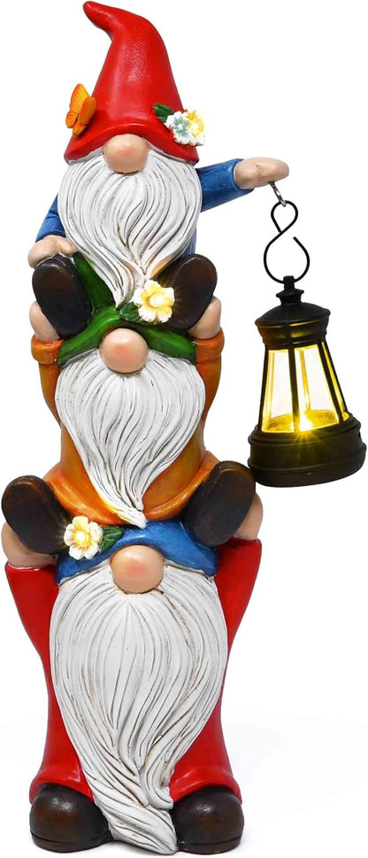 Gift Boutique Solar Garden Gnome Statue with Lantern Stacked Gnomes Outdoor Decor Lighted Yard Lawn Patio Decoration Whimsical Resin Figurine Home Accent