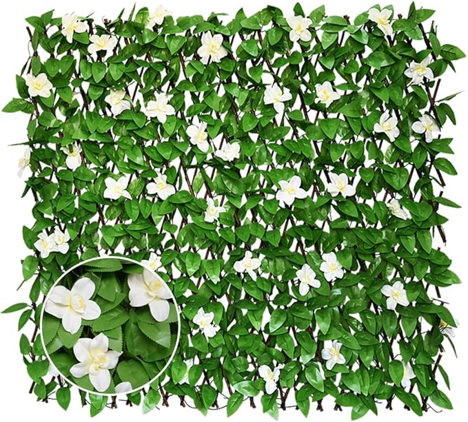 Expandable Privacy Screen with Artificial Flower for Balcony Patio Fence Greenery Privacy Fence Outdoor White Flowers 2pcs