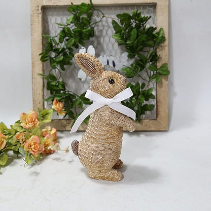 Rattan Rabbit Woven Rabbit Bow Resin Ornaments for Home Courtyard Lawn Tabletop and Easter Decoration to Enhance The Easter Atmosphere Preferred Easter Gifts (8.1in Brown Station)