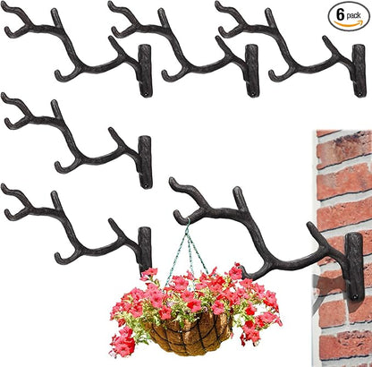 Blulu 6 Pcs 11'' Cast Iron Tree Branch Plant Hangers Decorative Metal Wall Bracket Hooks Wall Heavy Duty Home Storage Rack for Hanging Plants Pot Basket Lantern Wind Chimes Outdoor Indoor (Rust Brown)
