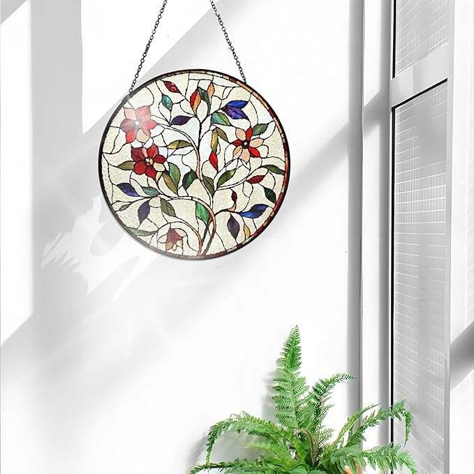 Bimkole Flower Stained Glass Suncatcher Window Hanging - Leaves Design for Indoor Window or Doorway Decoration - 7.87x7.87 inch with Chain and Hook - Unique Home Decor Gift