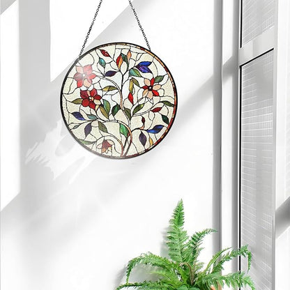 Bimkole Flower Stained Glass Suncatcher Window Hanging - Leaves Design for Indoor Window or Doorway Decoration - 7.87x7.87 inch with Chain and Hook - Unique Home Decor Gift