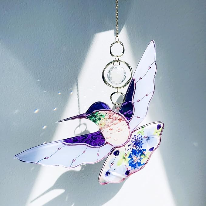Purple Acrylic Hummingbird Flowers Garden Suncatcher Window Hanging Crystal Prism Rainbow Maker Sun Catcher Ornaments Birthday Christmas Thanksgiving Gifts for Mom Grandma Sister Bird Lovers