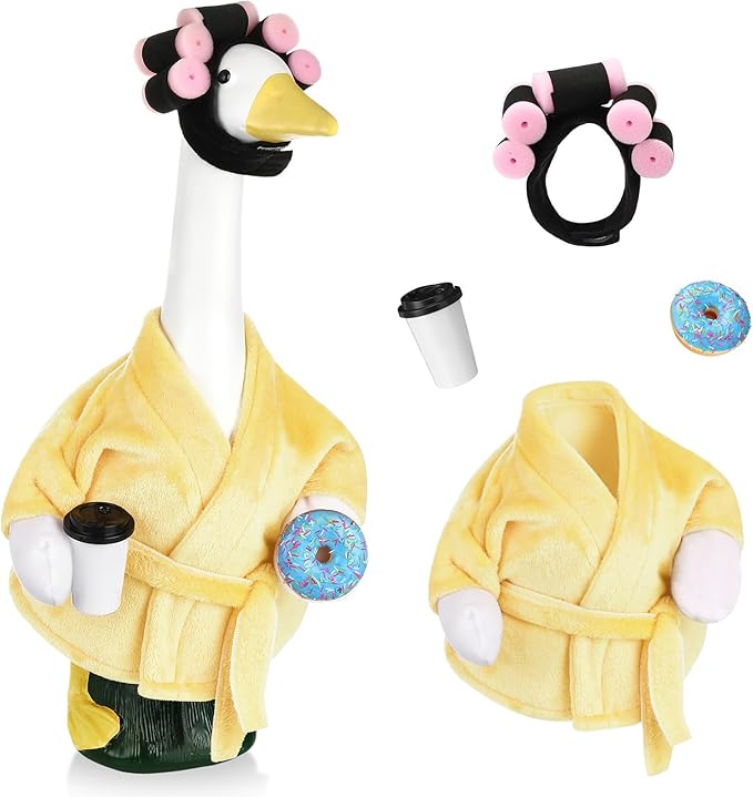 Porch Goose Statue Outfits Set Porch Goose Clothes with Wide Hat Costumes for 23" Plastic Statue Patio Yard Garden Lawn Outdoor Decoration(Yellow,Coffee Cup)