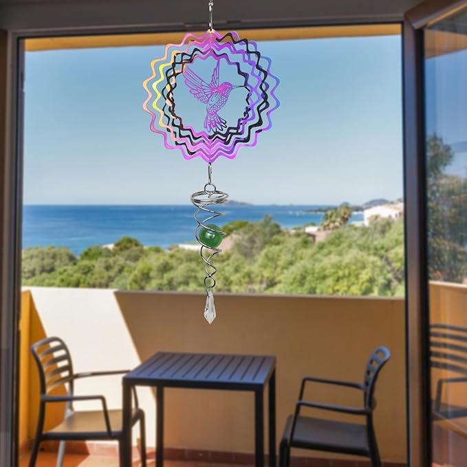 Andiker Hummingbird Wind Spinner with Tail Spinner, 3D Gradient Color Garden Spinner with Ball Spiral Tail, Metal Hanging Wind Chime for Indoor Outdoor Garden Decoration (Colorful Bird)