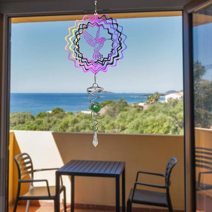 Andiker Hummingbird Wind Spinner with Tail Spinner, 3D Gradient Color Garden Spinner with Ball Spiral Tail, Metal Hanging Wind Chime for Indoor Outdoor Garden Decoration (Colorful Bird)