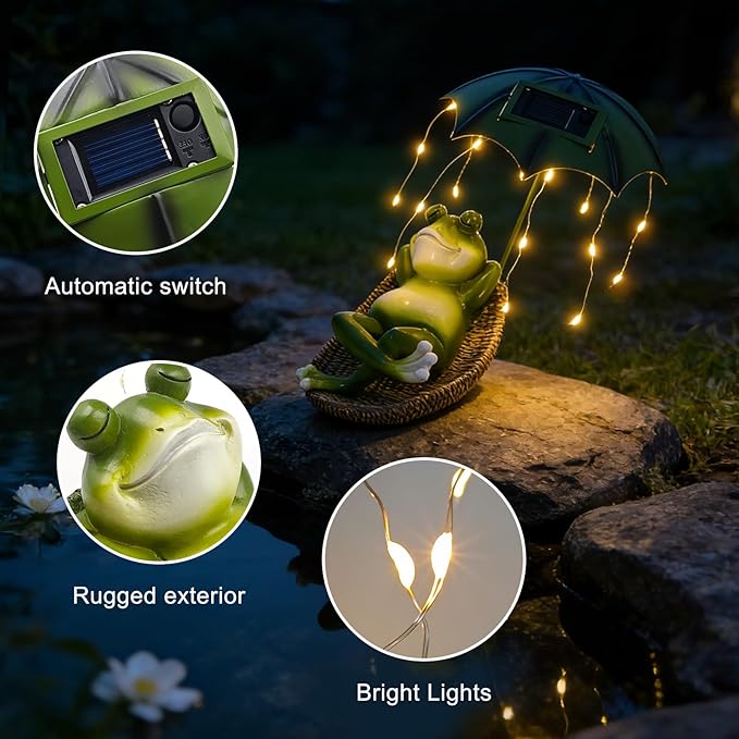 Solar Frog with Umbrella Statue - LED Solar Powered Garden Decor, Auto On/Off Waterproof Resin Outdoor Sculpture for Patio, Yard, Pond, Unique Gardening Gifts for Women & Mom