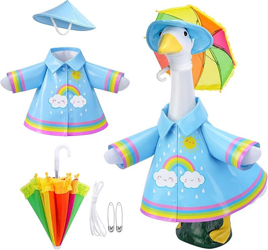 DECOHS 3 Pcs/Set Raincoat Porch Goose Outfits, Summer Lawn Goose Statue Raincoat Costume, Yard Goose Clothes Raincoats Umbrella Hat Outfit for 23" Statue Patio Garden Decoration (Blue Rainbow)